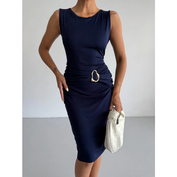 Lacivert Toka Detay Midi Boy Dalgıç Elbise