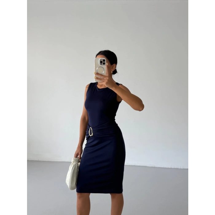 Lacivert Toka Detay Midi Boy Dalgıç Elbise