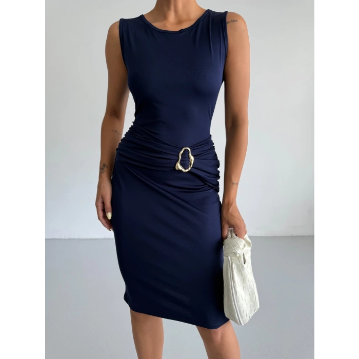 Lacivert Toka Detay Midi Boy Dalgıç Elbise