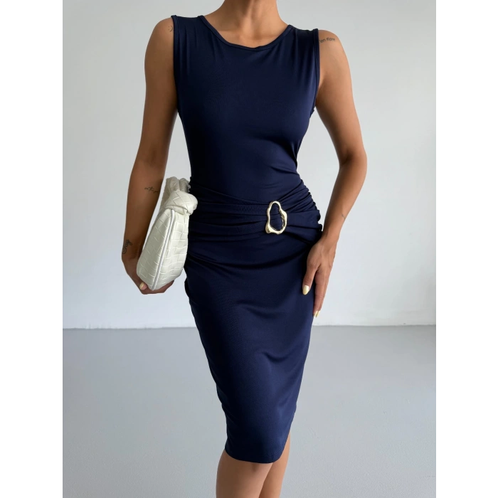 Lacivert Toka Detay Midi Boy Dalgıç Elbise