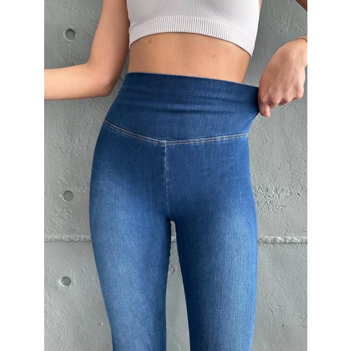 Mavi Yüksel Bel İnceltici Esnek Likralı Kot Tayt