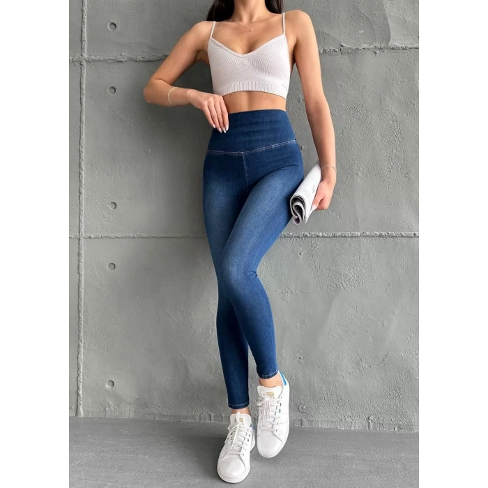 Mavi Yüksel Bel İnceltici Esnek Likralı Kot Tayt