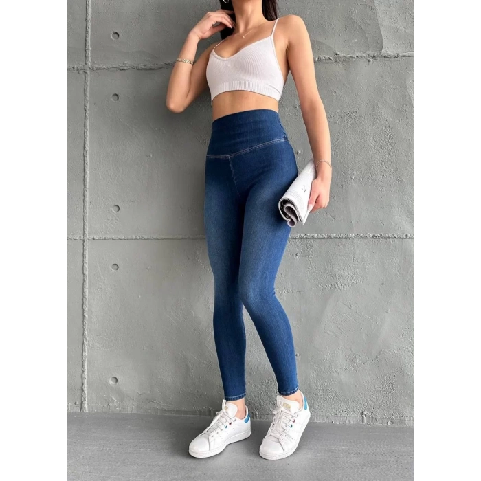 Mavi Yüksel Bel İnceltici Esnek Likralı Kot Tayt