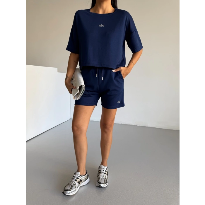 Lacivert Alo Yoga Modal Crop Şortlu Takım