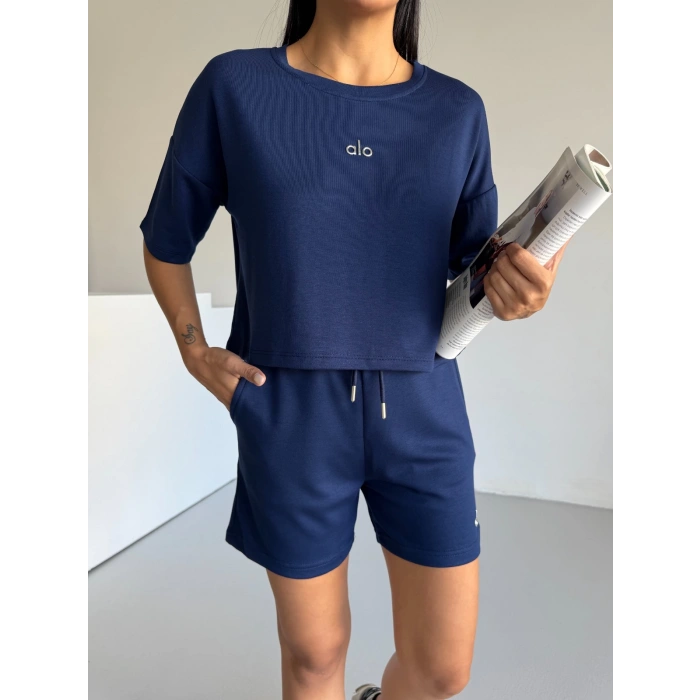 Lacivert Alo Yoga Modal Crop Şortlu Takım