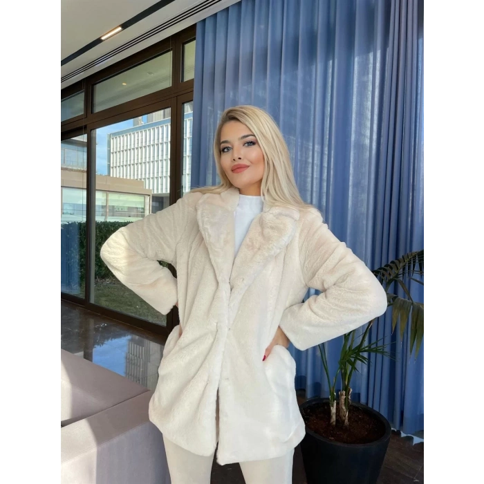 Krem Şal Yaka İçi Astarlı Rabbit Peluş Kaban