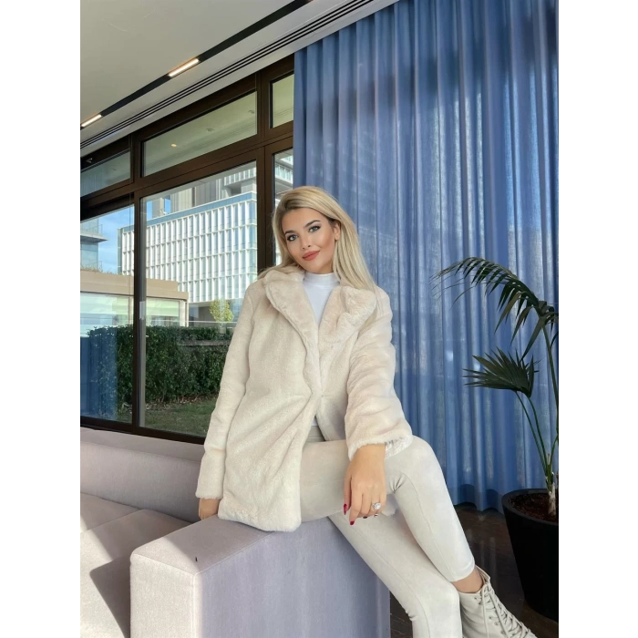 Krem Şal Yaka İçi Astarlı Rabbit Peluş Kaban