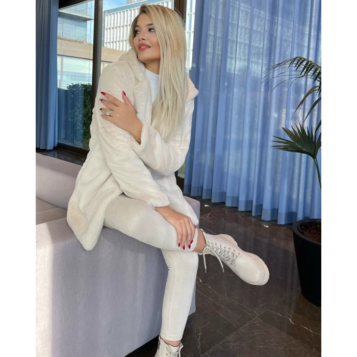 Krem Kapşonlu İçi Astarlı Rabbit Peluş Kaban