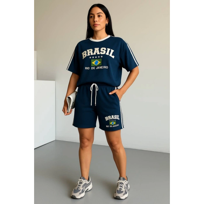 Lacivert Brasil Oversize Unisex Şortlu Takım