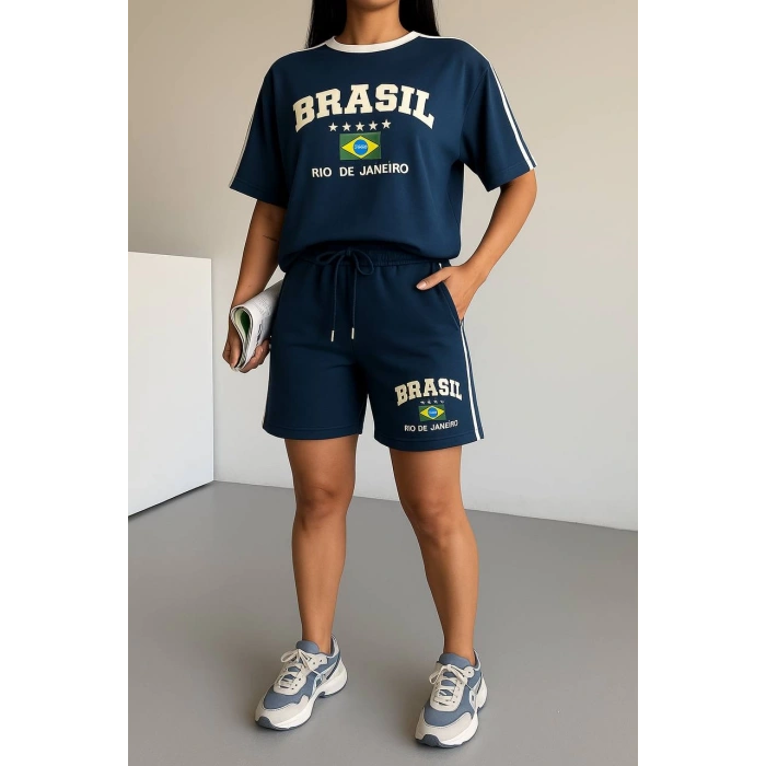 Lacivert Brasil Oversize Unisex Şortlu Takım
