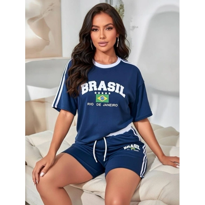 Lacivert Brasil Oversize Unisex Şortlu Takım