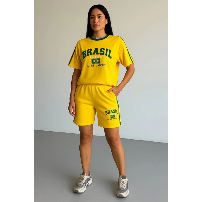 Sarı Brasil Oversize Unisex Şortlu Takım