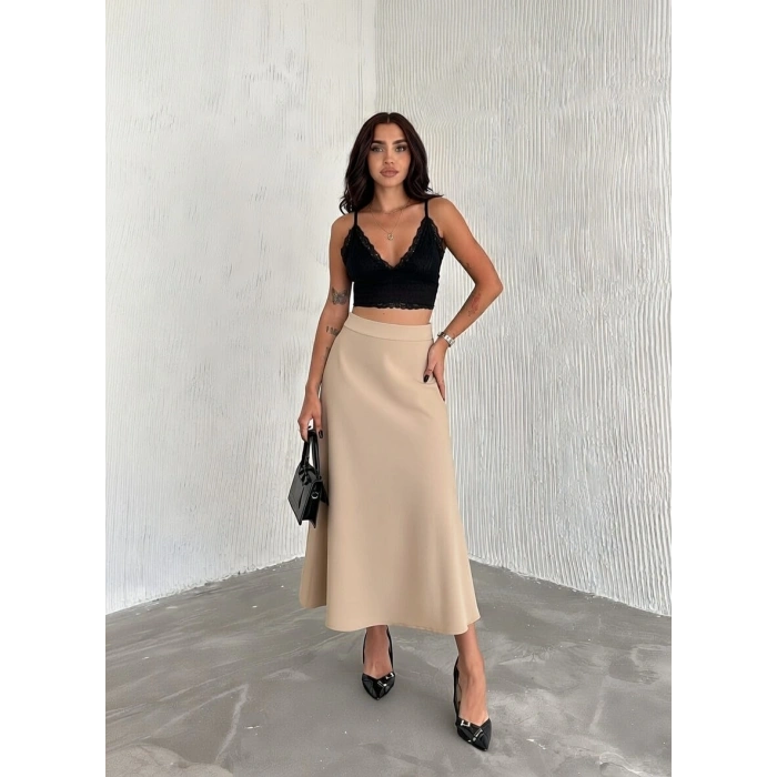 Bej Scuba Puf Uzun Etek