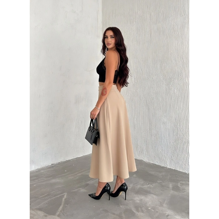 Bej Scuba Puf Uzun Etek