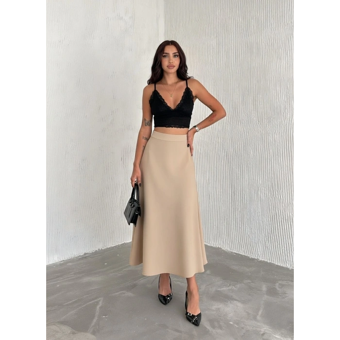 Bej Scuba Puf Uzun Etek