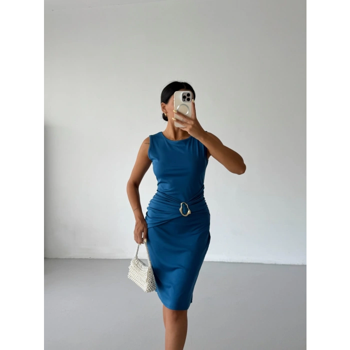 Sax Mavi Toka Detay Midi Boy Dalgıç Elbise