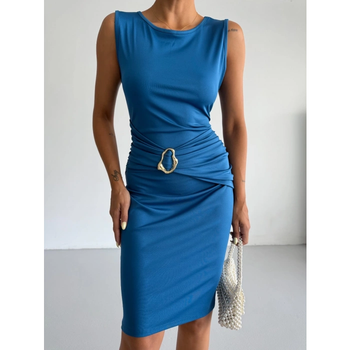 Sax Mavi Toka Detay Midi Boy Dalgıç Elbise