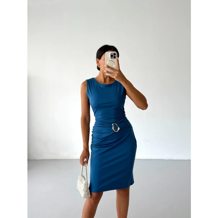 Sax Mavi Toka Detay Midi Boy Dalgıç Elbise