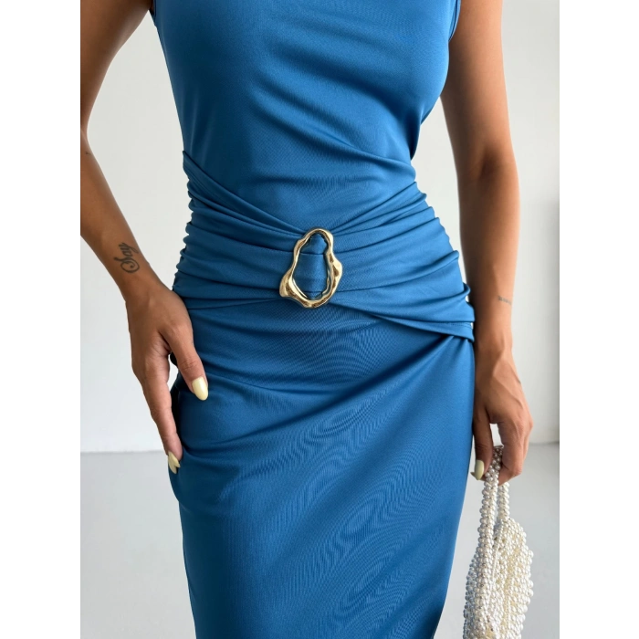 Sax Mavi Toka Detay Midi Boy Dalgıç Elbise