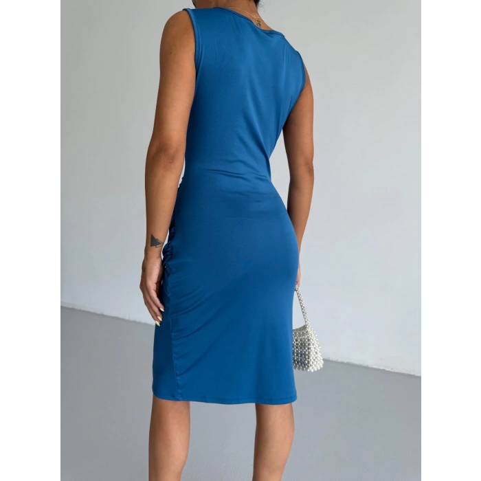 Sax Mavi Toka Detay Midi Boy Dalgıç Elbise