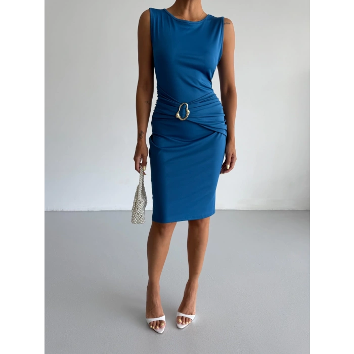 Sax Mavi Toka Detay Midi Boy Dalgıç Elbise