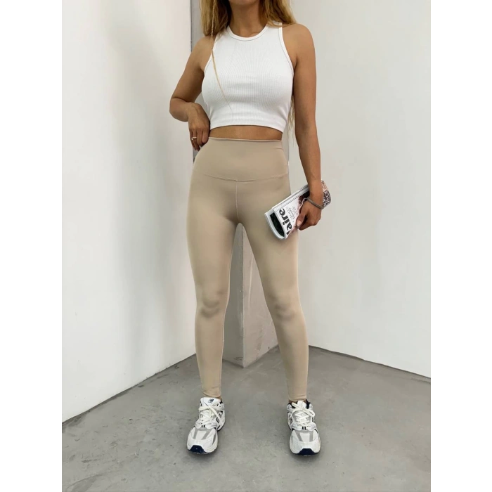 Bej Lock Dikiş Yüksek Bel Oysh Tayt