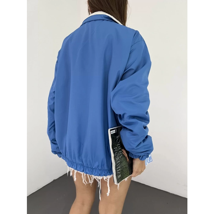 Mavi Çift Taraflı Giyilebilir Kürklü Mont