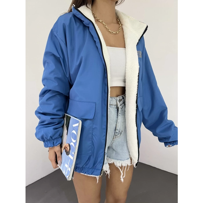 Mavi Çift Taraflı Giyilebilir Kürklü Mont