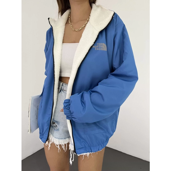 Mavi Çift Taraflı Giyilebilir Kürklü Mont