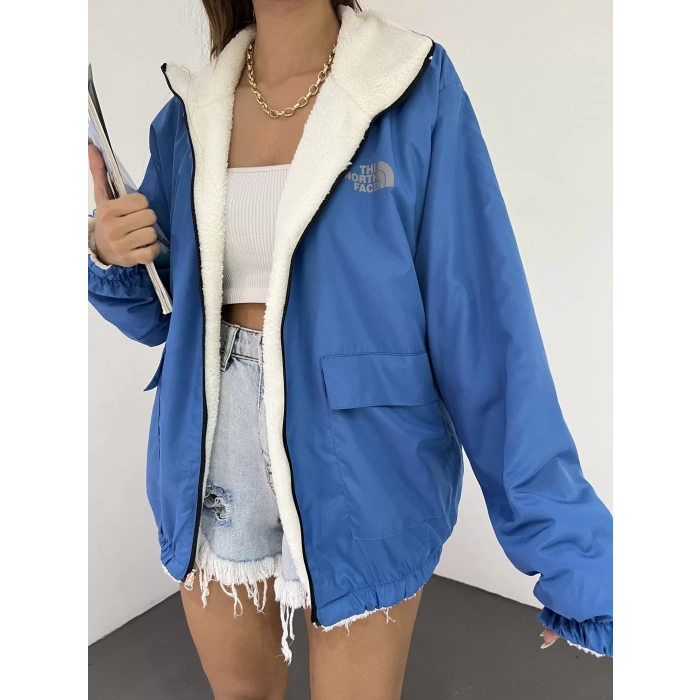 Mavi Çift Taraflı Giyilebilir Kürklü Mont