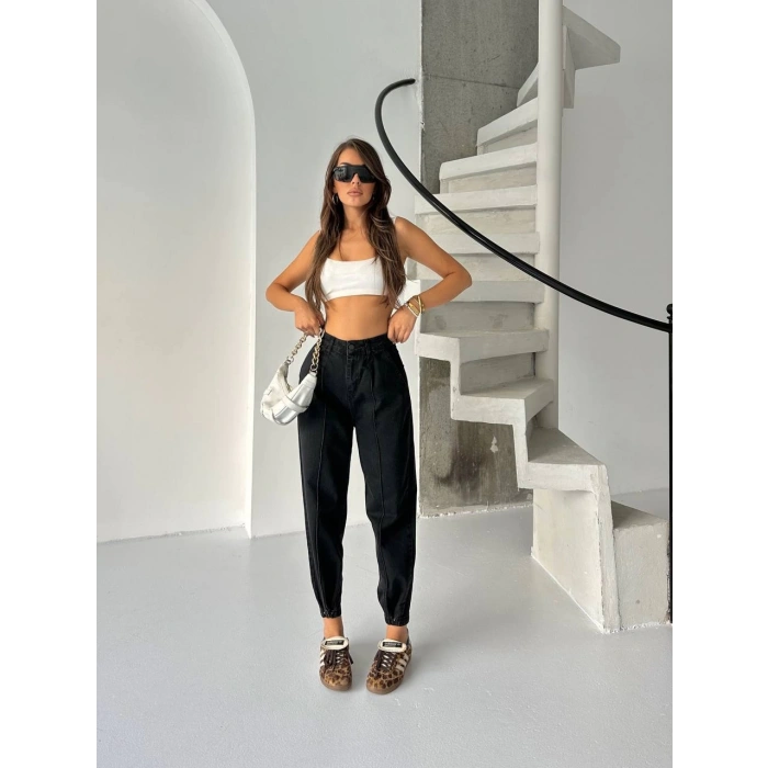 Siyah Çıt Çıt Paça Detay Balon Jean Pantolon