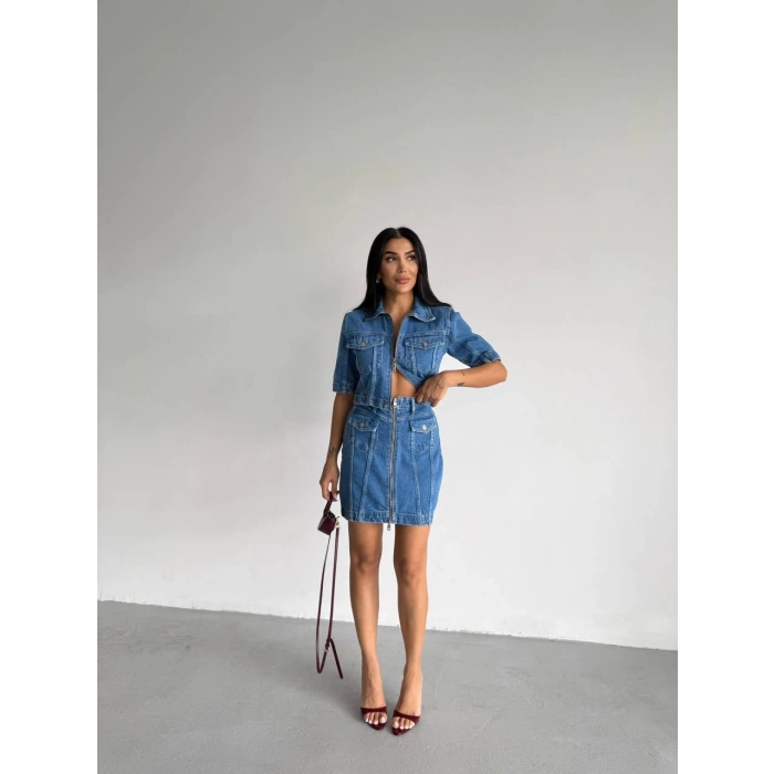 Mavi Denim Fermuarlı Etekli Takım