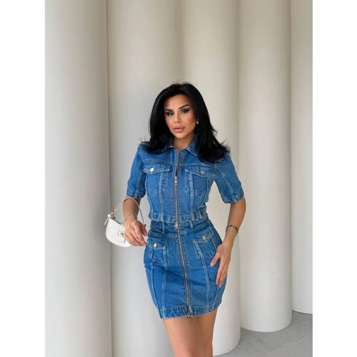 Mavi Denim Fermuarlı Etekli Takım