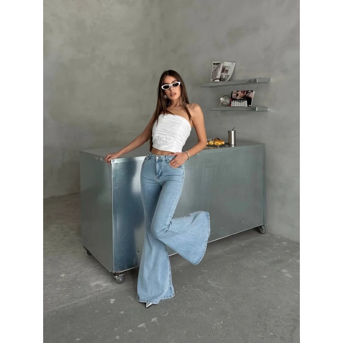 Buz Mavi İspanyol Paça Likralı Kot Pantolon