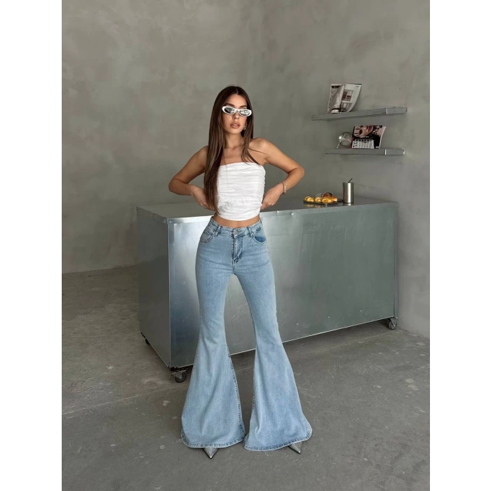 Buz Mavi İspanyol Paça Likralı Kot Pantolon