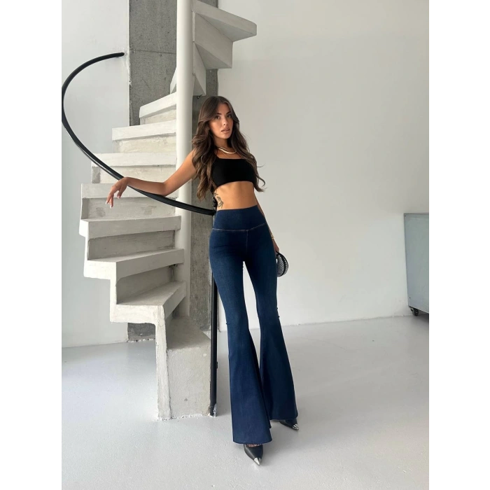 Mavi İspanyol Paça Yüksek Bel Jean Tayt