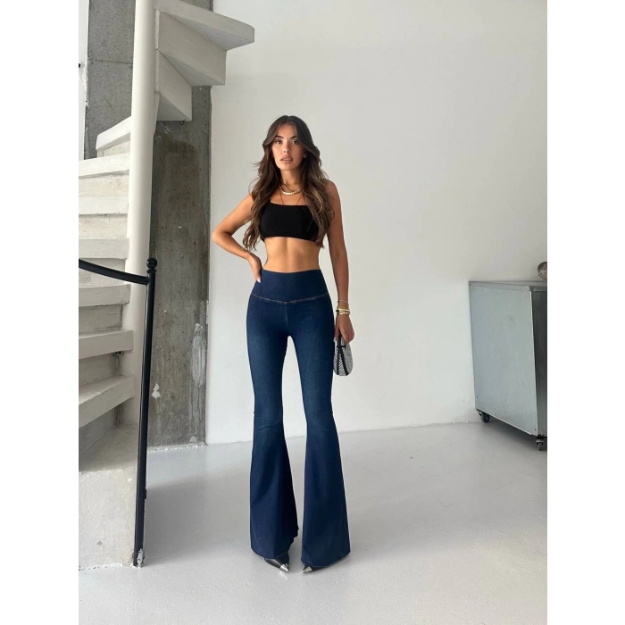 Mavi İspanyol Paça Yüksek Bel Jean Tayt