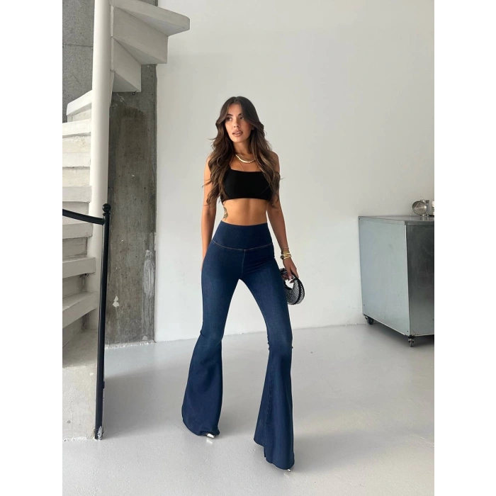 Mavi İspanyol Paça Yüksek Bel Jean Tayt