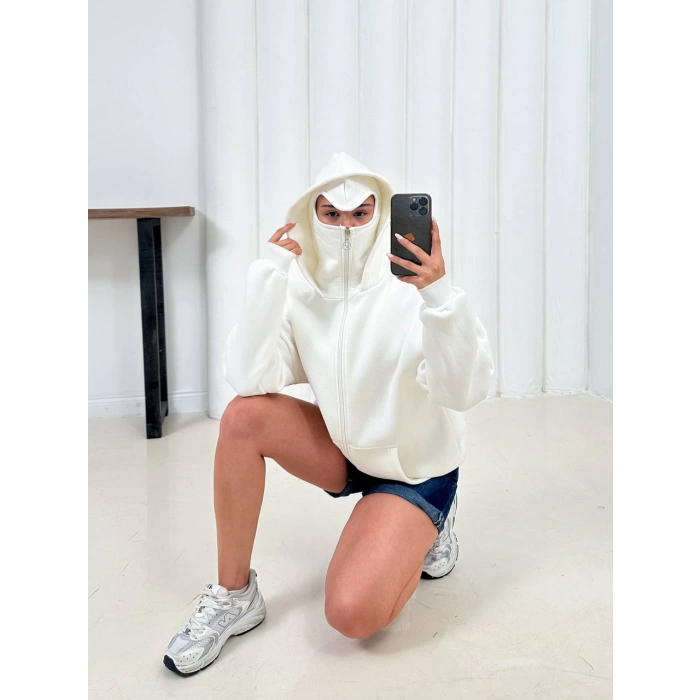 Beyaz Musk Üç İplik Oversize Kapşonlu Sweat