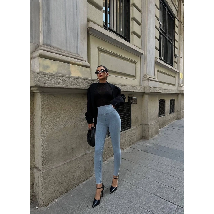 Buz Mavisi Yüksel Bel En Boy Likralı Kot Tayt