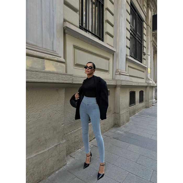 Buz Mavisi Yüksel Bel En Boy Likralı Kot Tayt