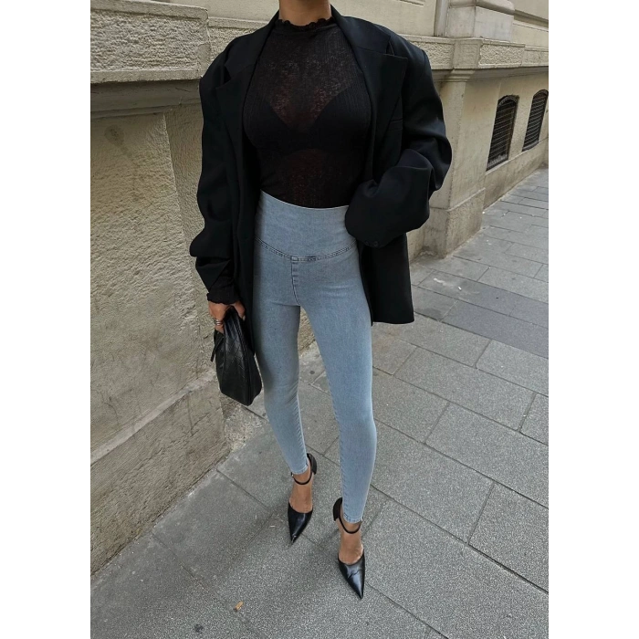 Buz Mavisi Yüksel Bel En Boy Likralı Kot Tayt