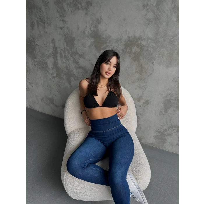 Mavi Yüksel Bel Esnek Likralı Jean Tayt