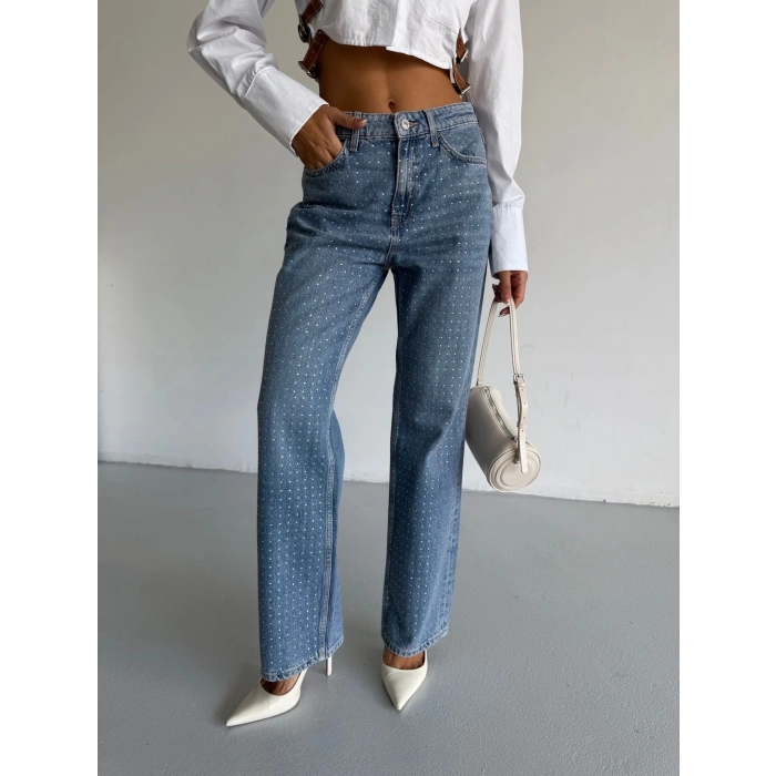 Mavi ZR Taşlı Boyfit Jean Pantolon