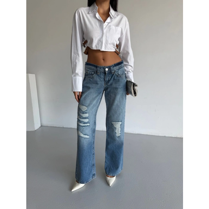 Mavi ZR Yırtık Baggy Jean Pantolon