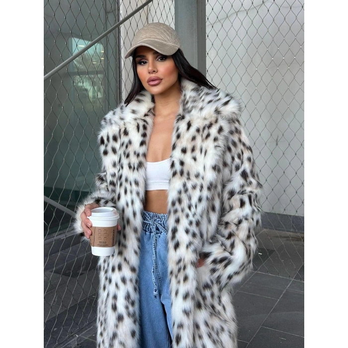 Leopar Ceket Yaka İçi Satarlı Uzun Kürk Kaban