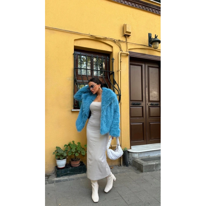 Mavi Şal Yaka İçi Astarlı Kürk Kaban