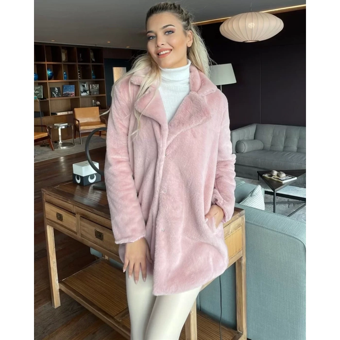 Pembe Şal Yaka İçi Astarlı Rabbit Peluş Kaban