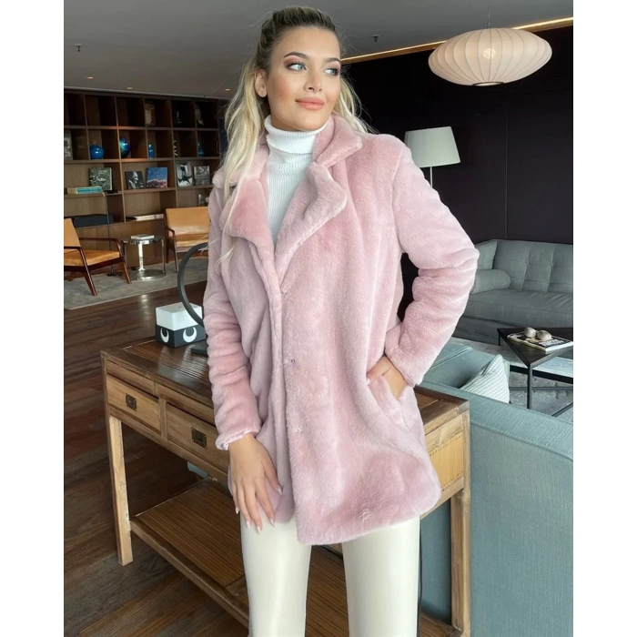 Pembe Şal Yaka İçi Astarlı Rabbit Peluş Kaban