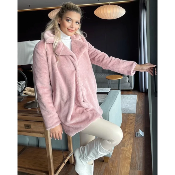 Pembe Şal Yaka İçi Astarlı Rabbit Peluş Kaban